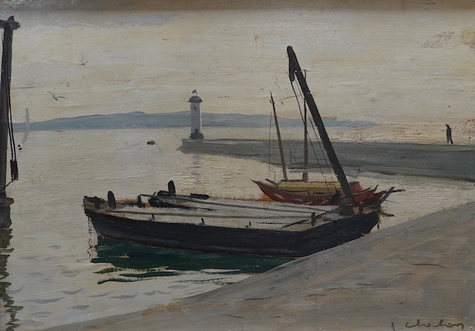 Andie Chocon (1910-2005), oil on board, Harbour scene with fishing boats, signed, 28 x 39cm. Condition - fair, would benefit from a clean